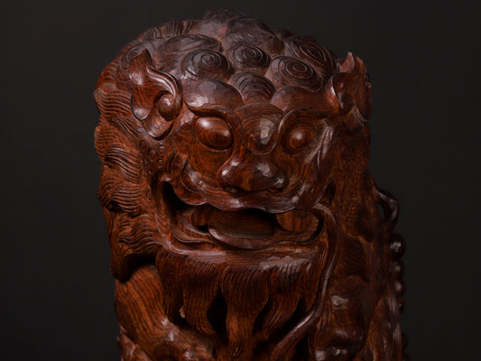 Chinese traditional handmade carving of lucky Pixiu, Dongyang intangible cultural heritage craftsmanship